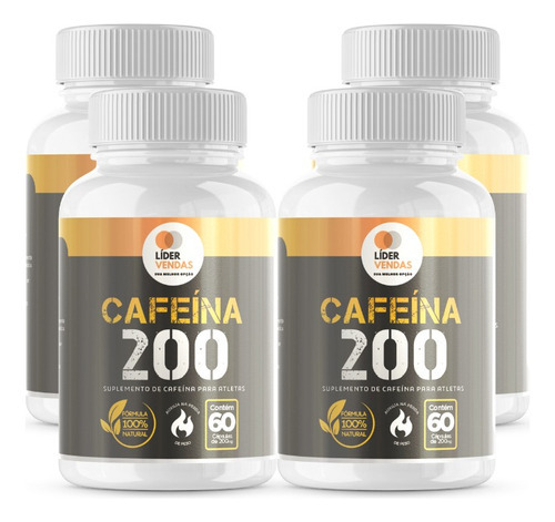 Cafeína 200mg 60 Cápsulas Kit Com 4 Potes Sabor Neutro