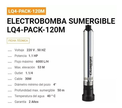 Bomba Sumergible Pozo Lusqtoff 4pack 120 4p 1,1hp Cable 30 M