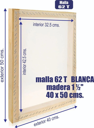 Marco Para Serigrafía 40x50 Cm Malla Blanca 62t Madera 1 1/2