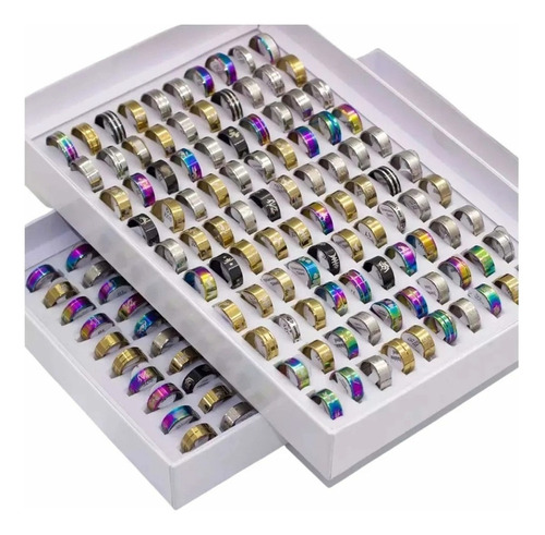 Lote Caja 100 Anillos Acero Inoxidable Mayoreo Negocio Moda