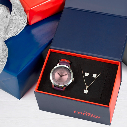 Relógio Feminino Prateado Condor Pulseira Em Couro Kit Jóias