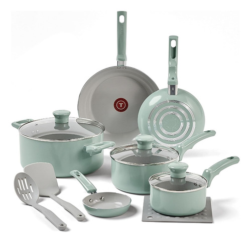 Bateria De Cocina T-fal Refresh Ceramic 12 Pzas Mint Green Color Verde Claro