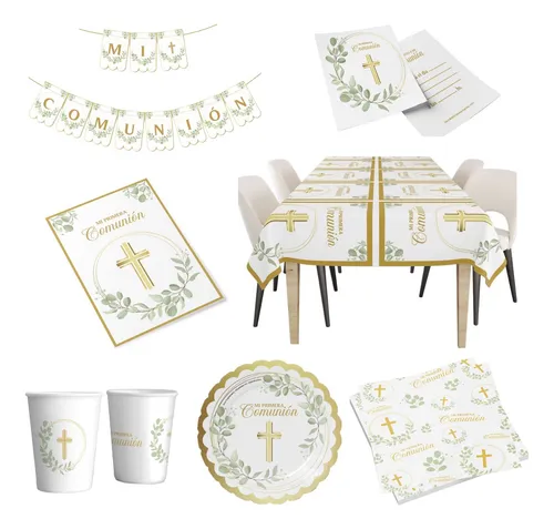 Combo Kit Mi Primera Comunión Invitación Plato Vaso Mantel 