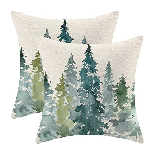 Fundas De Almohada De Árbol Verde Oscuro Acuarela De 1...