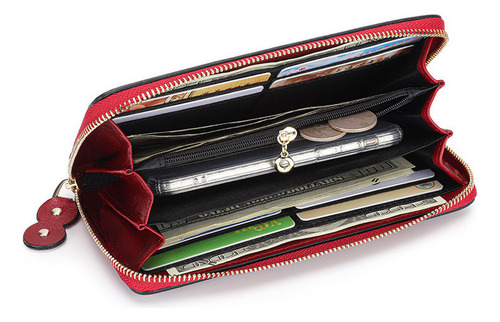 Cartera Larga For Mujer, Piel Encerada Al Aceite, Bolso De