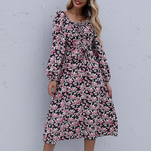 Elegante Vestido De Manga Larga Con Cuello Redondo Y Cordone