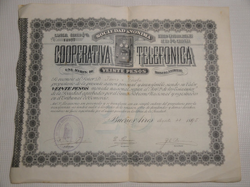 Cooperativa Telefónica - Acción De Veinte Pesos - 1895
