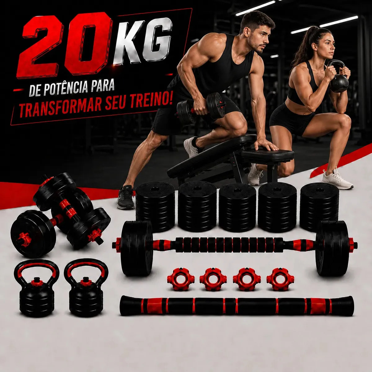 Kit Halteres 20kg Barra Anilhas Musculação Kettlebell Ajustaveis Peso Academia Fit Treino Em Casa Emborrachado Kit Completo Ajustavel Halter Anilha Barras Sports Fitness Regulavel 