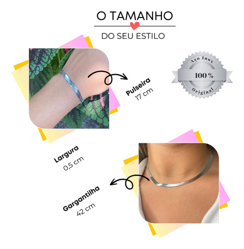 Conjunto Colar Choker Pulseira Fita Laminada Prata Aço Inox