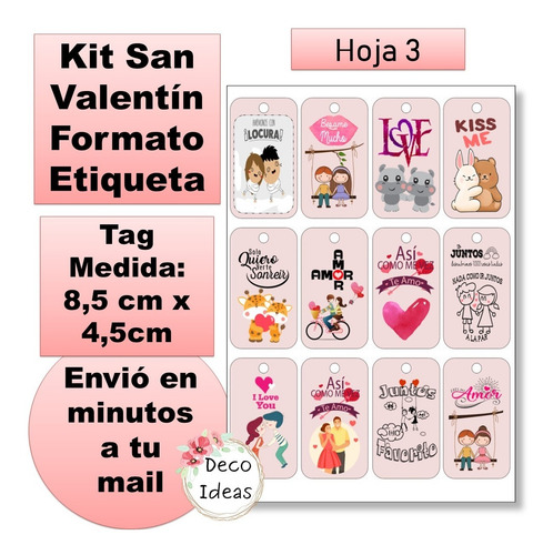 Imagen 4 de 4 de Kit Imprimible A Color Pdf3 San Valentín Tarjetas Etiquetas