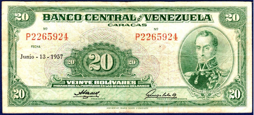 Billete De 20 Bolívares P7 Junio 13 De 1957 Simón Bolívar