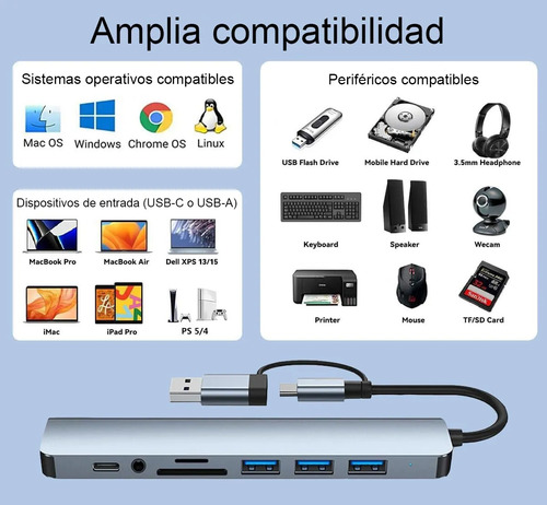 8 En1 Adaptador Usb Tipo C Wohingo® Multipuerto Hub Puertos Splitter Accesorios Para Macbook Pro Mac iPad Portatil Laptop Computadora Concentrador Adaptador Usb C Hub Tipo C, 8 En 1, Multipuerto, Sd