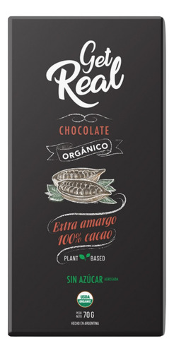 Chocolate Orgánico 100% Cacao Sin Azúcar Get Real X 70 Grs. 