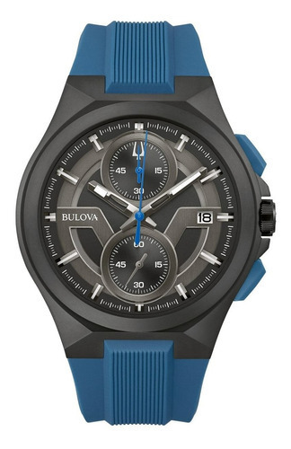 Máquina de pulseira de silicone Bulova Watch Black Dial 98b380 Cor de pulseira azul