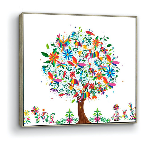 Cuadro Árbol De La Vida Mex. Otomí Canvas Marco Flot. 70x70 