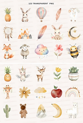 Kit Imagenes Png Clipart- Animales Boho Bebe Acuarela Diseño