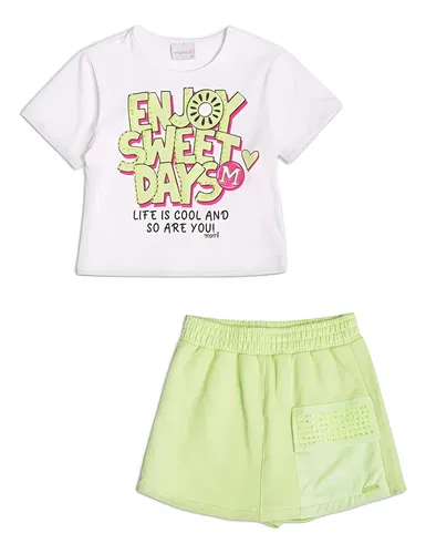 Conjunto Infantil Momi Verão Shorts Saia Verde E Blusa Enjoy