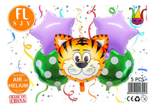 Globo Metalizado Bouquet Animales Selva 5 Pcs Tigre