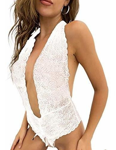 Mujer Halter Plunging Teddy Lingerie Floral Lace One 6bf8p