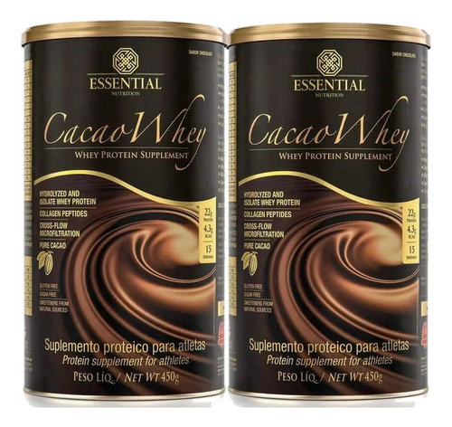 Cacao Whey Lata - Kit 2x 450g Cada - Essential Nutrition Sabor Chocolate