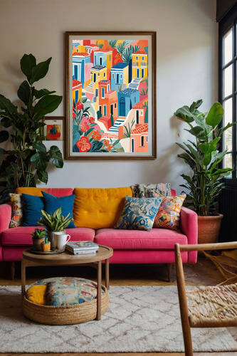 Lámina Decorativa Impresa Barrio Edificios Casas Colores Multicolor Sin Armazón
