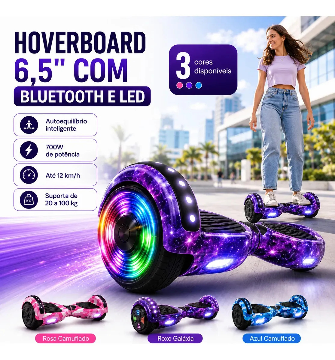 Hoverboard Skate Elétrico 6.5" Cybertruck Roxo Galáxia Com Bluetooth e Luzes LED