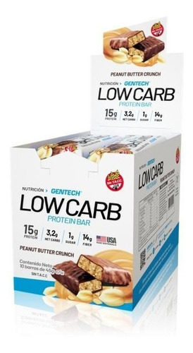 Imagen 3 de 3 de Suplemento en barra Gentech Low Carb Protein Bar proteína sabor peanut butter en caja de 450g pack x 10 u