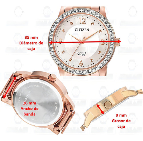 Reloj Citizen 61186 El3093-83a Dama Rosa Full Color De La Correa Oro Rosa Color Del Fondo Blanco 61186