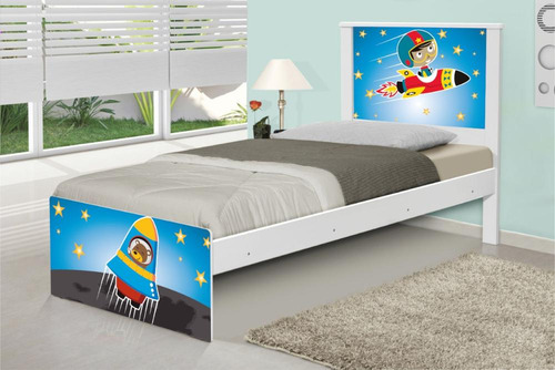 Cama Solteiro Adesivada Astronauta Cor Branco Astronauta Foguete