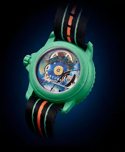 Reloj Swatch X Blancpain Océano Indico Edicion Especial Correa Verde Bisel Negro Fondo Verde
