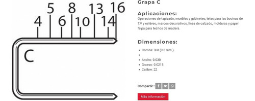 Grapa Tapicera Senco C04 Corona 3/8'' Largo 1/4'' 15mil Pza