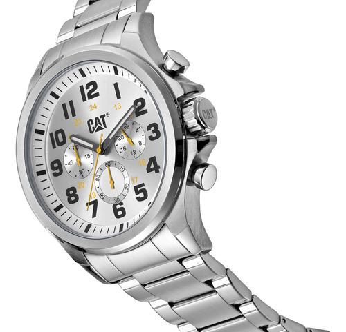 Reloj Caterpillar Hombre Operator Pu.143.11.217 Malla Plateada Bisel Plateado Fondo Blanco