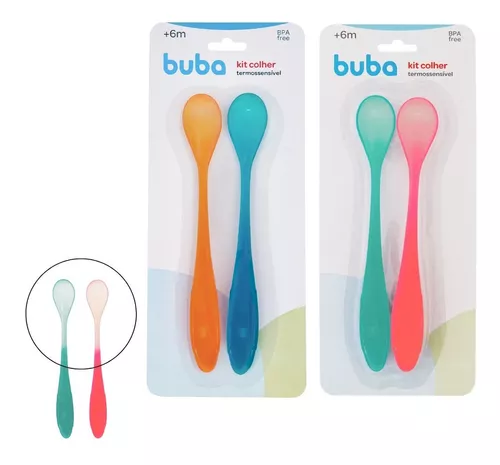 Buba Kit com 2 Colheres Termossensível Buba muda de cor com alimento muito  quente kit colher bebe colher infantil colher de treinamento para papinha e  alimentacao do bebe Verde y Rosa