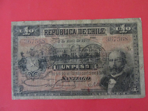 Billete Chile 1 Peso Firmado Germain-delgado 1913 Escaso
