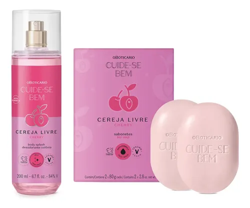 Kit O Boticário Cuide-se Bem Cereja Livre contendo um frasco de body splash rosa e uma caixa com dois sabonetes em barra