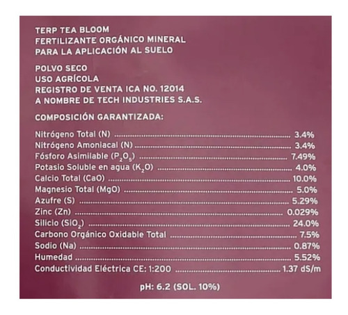 Imagen 8 de 9 de Fertilizante Terp Tea Bloom Orgánico Certificado - 9 Libras