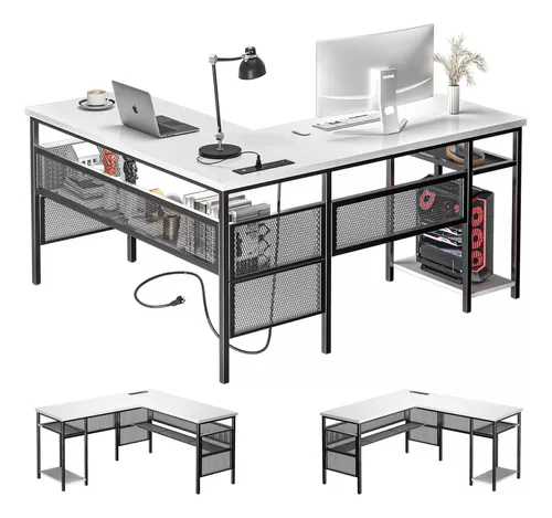 Techni Mobili Escritorio en forma de L - Moderno escritorio para  computadora con estantería esquinera y estantes laterales de almacenamiento  para
