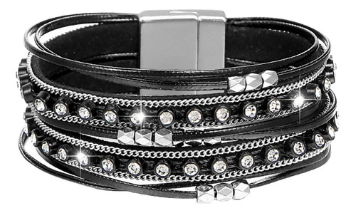 Brazalete Trenzado De Cuero Multicapa Gleamart Negro