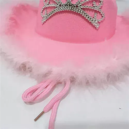 Sombrero Cowboy Rosa Tiara Plumas Disfraz Barbie Vaquera