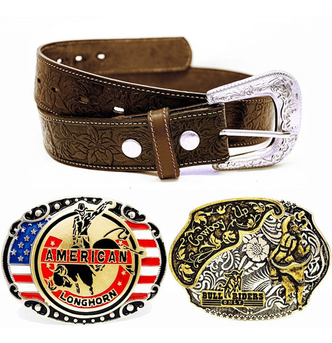 Cinto Masculina Country Couro Natural Fivelas Cowboy Rodeo