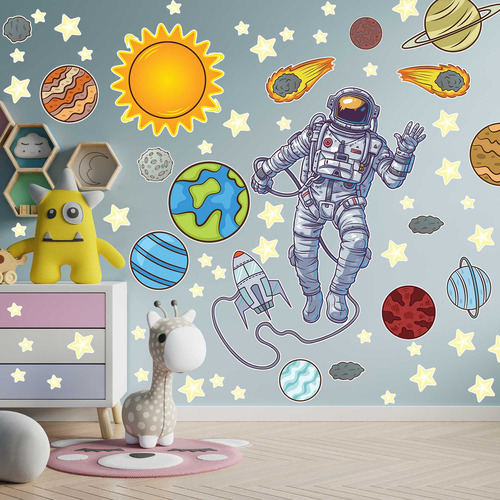 Adesivo De Parede Decorativo Astronauta Estrelas Planetas P
