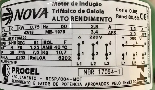Motor Trifásico 1cv 2 Pólos 220/380v Alta Rotação Blindado