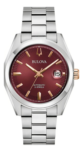 Relógio masculino Bulova Surveyor 98b422, pulseira prateada, moldura prateada, fundo de vinho