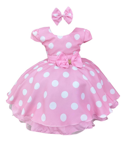 Vestido Minnie Infantil Rosa Luxo Poá Fantasia 1 A 4 Anos