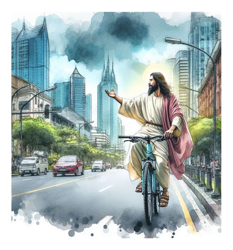 Vinilo 45x45cm Jesus En Bici City Ciudad Edificios