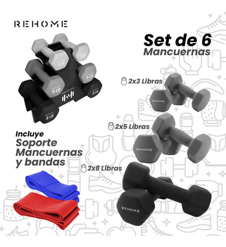 Kit De Pesas Mancuernas Rehome De Neopreno 2 3 5 Libras Con Soporte Para Ejercicio Pilates Y Aerobicos Color Gris
