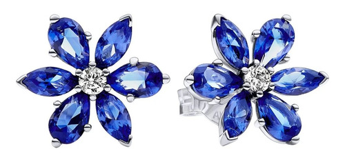 Aretes Pandora Flor Resplandeciente Azul Plata S925 Original