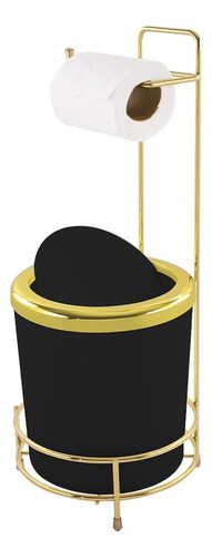 Suporte Papel Higiênico Lixeira Basculante Dourada Circular Cor Preto