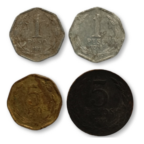 4 Monedas Chilenas Antiguas Coleccion ,de 1 Peso Y 5 Pesos 