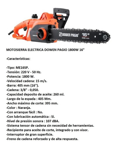 Imagen 2 de 3 de Motosierra Eléctrica Electrosierra 1800w 16 Dowen Pagio